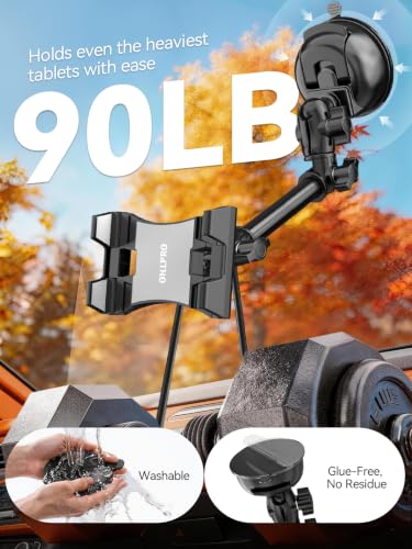 OHLPRO Heavy Duty Tablet Holder for Car Windshield, 90mm Large Suction Cup Mount, 360° Rotating Aluminum Arm iPad Holder for Truck, SUV, Semi & Boat, Fits 4.7–13" iPad Pro/Air/Mini, Galaxy Tab