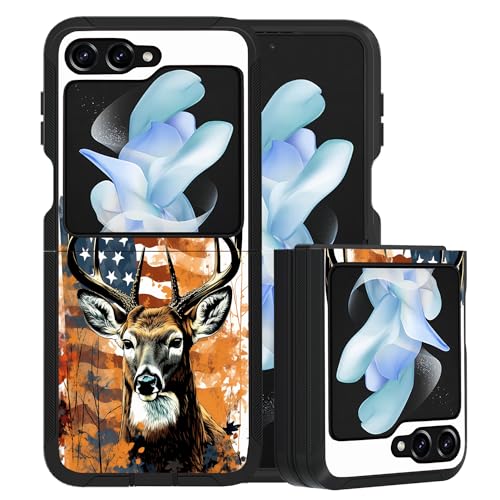 for Samsung Galaxy Z Flip 5 Case, Heavy Duty Dual Layer Hybrid Military Grade Shockproof Drop Folding Protective Cover for Samsung Galaxy Z Flip 5 5G 2023, American Flag Deer - color: American Flag Deer