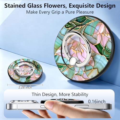 Magnetic Phone Ring Holder with MagSafe, 360° Rotation Super Magnet Finger Grip Removable Kickstand, Cute Stained Glass Floral Designed Stand for iPhone 17 16 15 14 13 12 Pro Max Plus, Lily - color: Lily