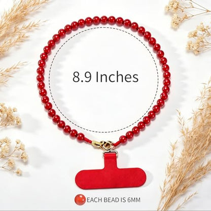 Agate Beaded Phone Wrist Strap for Women Men Stone Beads Charm Handmade Cellphone Chain Lanyard with Tether Tab - color: Red-1, size: 8mm Beads