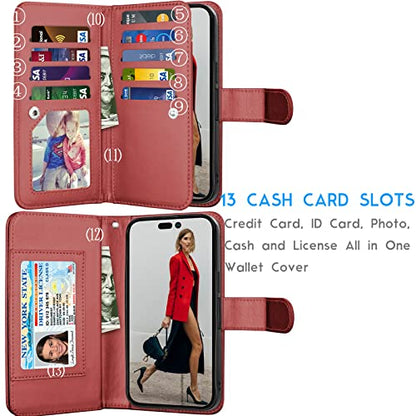Tekcoo Wallet Case Compatible with iPhone 14 (6.1 inch) 2022 Luxury ID Cash Credit Card Slots Holder Carrying Pouch Folio Flip PU Leather Cover [Detachable Magnetic Hard Case] with Strap [Wine Red] - color: W-Wine Red, size: IP 14 (6.1")