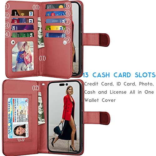 Tekcoo Wallet Case Compatible with iPhone 14 Plus (6.7 inch) 2022 Luxury ID Cash Credit Card Slots Holder Carrying Pouch Folio Flip PU Leather Cover [Detachable Magnetic Case] - Wine Red - color: W-Wine Red, size: IP 14 Plus (6.7")