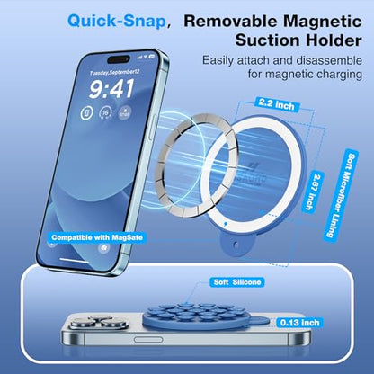 Magnetic Suction Cup Phone Mount, Compatible with MagSafe, Silicone Octo Cup Buddy Sticky Grip Holder for iPhone and Android, Removable Hands-Free Selfie/Video for TikTok, Azure Blue - color: Azure Blue