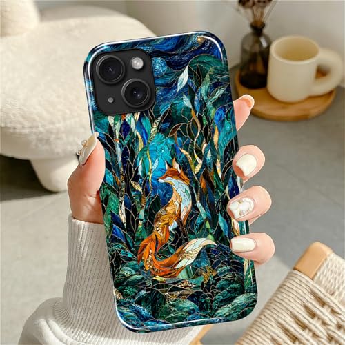 Case Compatible with iPhone 13 14, Cute Dual Layer Hybrid Phone Cover, Military Grade Drop Protection, Aesthetic Shockproof Phone Case for Women Girls, Woodland Fox Stained Glass - color: Woodland Fox Stained Glass, size: Iphone 13/14
