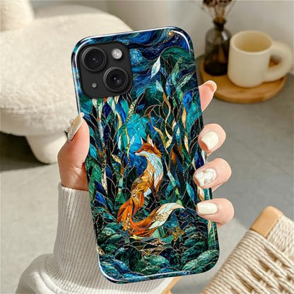 Case Compatible with iPhone 14 Plus, Cute Dual Layer Hybrid Phone Cover, Military Grade Drop Protection, Aesthetic Shockproof Phone Case for Women Girls, Woodland Fox Stained Glass - color: Woodland Fox Stained Glass, size: Iphone 14 Plus