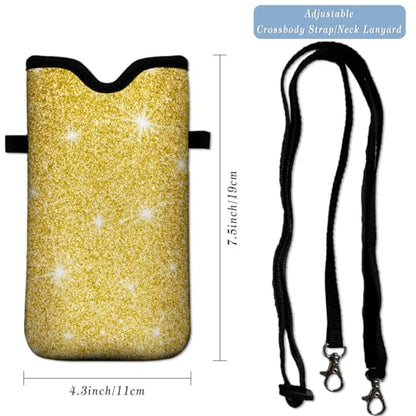 Neoprene Cell Phone Pouch 7.5 X 4.3 in Cloth Mobile Protection Case Bag with Crossbody Strap Neck Lanyard Cell Phone Case Gold Glitter Pattern - color: Gold Glitter Pattern