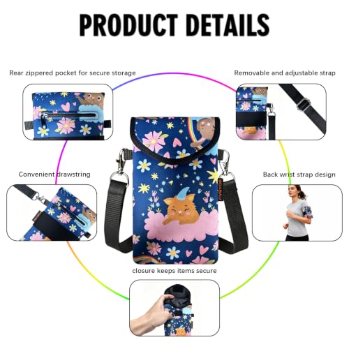 Neoprene Phone Sleeve Pouch Case Bag for Men Women w/Crossbody Strap/Neck Lanyard for iPhone 17/16/15/14 Pro Max, Samsung S25，Pixel 10 - color: Dreamy Kitty