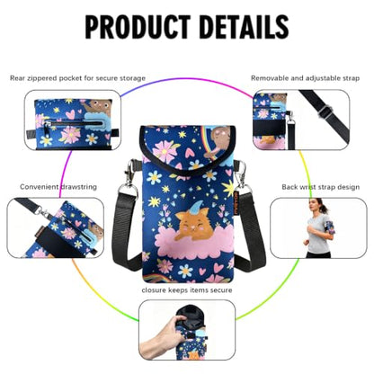 Neoprene Phone Sleeve Pouch Case Bag for Men Women w/Crossbody Strap/Neck Lanyard for iPhone 17/16/15/14 Pro Max, Samsung S25，Pixel 10 - color: Dreamy Kitty