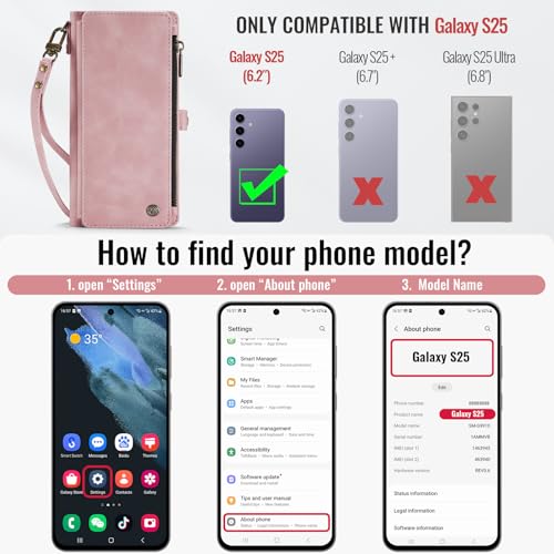 Defencase for Samsung Galaxy S25 Wallet Case with RFID Card Holder, Pink | Durable Soft PU Leather, with Zipper Pocket, Wrist Strap, Fashion Snap Flip S25 Phone Cases Cover with Stand for Women Men - color: Airy Rose Pink