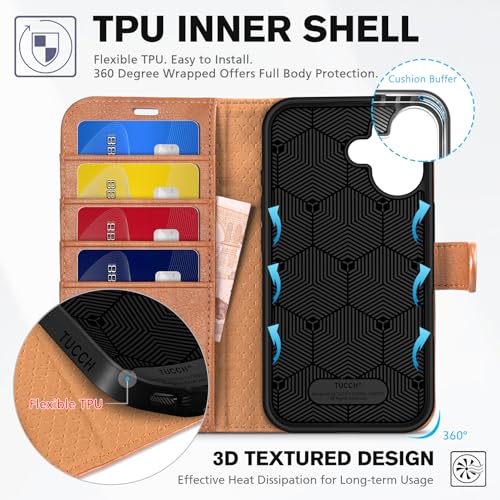 TUCCH Wallet Case for iPhone 16 (6.1") 2024, 4 Card Holders, Light Brown | RFID Blocking, Viewing Stand, Shockproof TPU Shell, PU Leather, Magnetic Closure, Protective Folio Flip Cover - color: Textured Light Brown