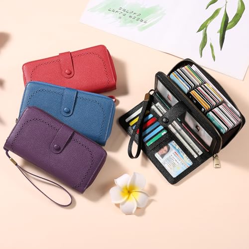 GAEKEAO Leather Credit Card Holder Wallet for Women RFID Blocking Large Capacity Bifold Zipper Card Case Organizer with Wristlet 45 Slots - color: Purple