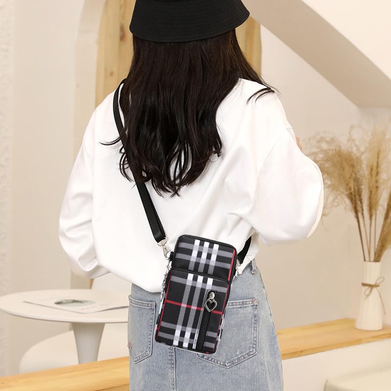 Small Crossbody Bag for Women, Multi Zip Pockets Nylon Wallet Purse Credit Card Holder with Detachable Hand Strap - color: Black Grid