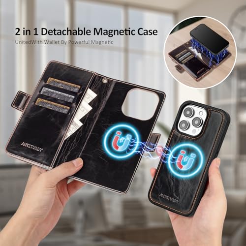 Antsturdy Compatible with MagSafe iPhone 13 Pro Wallet Case,Coffee | Detachable Magnetic Credit Card Holder,RFID Blocking,PU Leather Zipper Purse,Wrist Strap Kickstand,Flip Phone Cover for Women - color: (Detachable with Magsafe)-Coffee