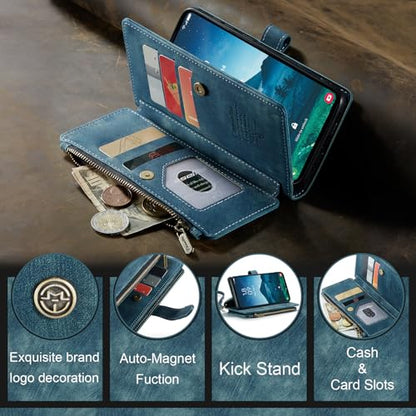 Samsung Galaxy S24 5G Wallet Case with Card Holder Kickstand Magnetic Zipper Pocket Lanyard Strap Wristlet,Leather Flip Case Wallet for Samsung Galaxy S24 5G 6.2 Inch(Blue) - color: Blue, size: S24 5G 6.2 Inch