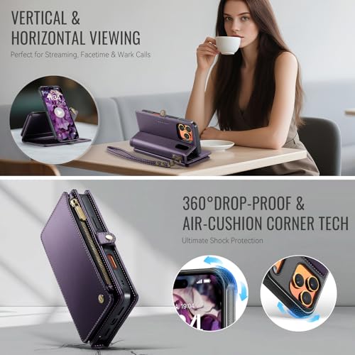 Defencase for iPhone 17 Pro Max Case Wallet Compatible with Magsafe, Purple | Drop-Proof Magnetic Detachable Phone Cases Cover, with RFID Bolcking Card Holder, Zipper Strap, PU Leather, Removable Wallet - color: (Detachable with Magsafe)-Purple
