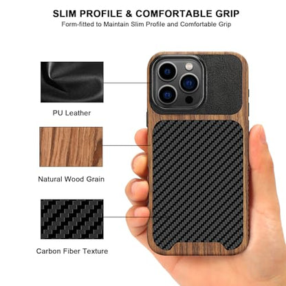 TENDLIN Magnetic Case Compatible with iPhone 16 Pro Phone Case Wood Grain with Carbon Fiber Texture Design Leather Hybrid Slim Case (Compatible with MagSafe) Black - color: Magnetic Black, size: iPhone 16 Pro