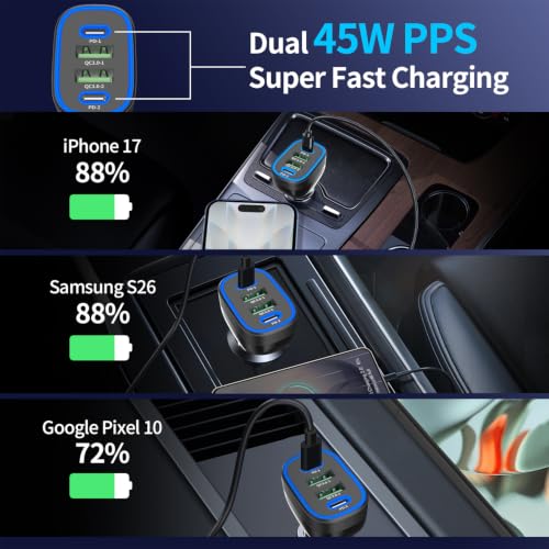90W 4 Port USB C Super Fast Car Charger for iPhone 18 Pro Max/17/16/Android