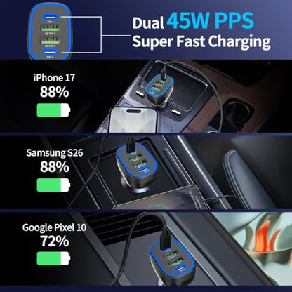 90W 4 Port USB C Super Fast Car Charger for iPhone 18 Pro Max/17/16/Android