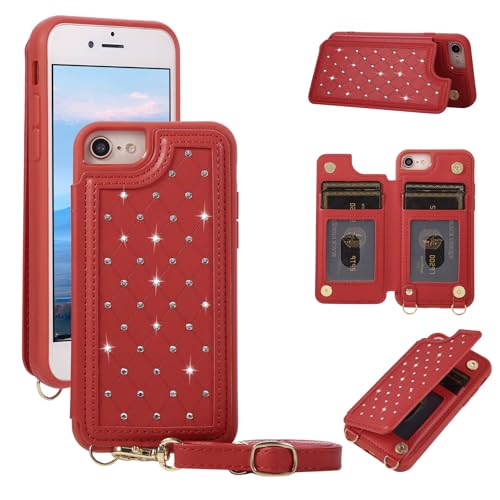 Crossbody Wallet Case for iPhone 7/8/SE 2020/SE 2022(4.7") with Detachable Strap - PU Leather Flip Folio with Card Slots & RFID Blocking, Sparkling Diamond Accents-Red - color: Red, size: iPhone 7/8/SE 2020/SE 2022(4.7")