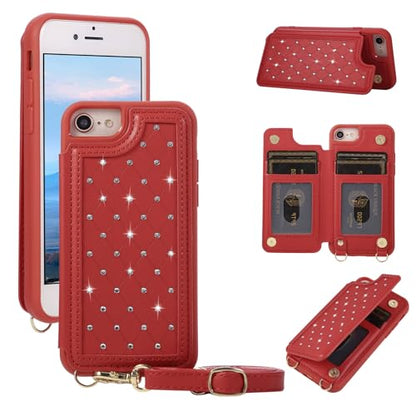 for iPhone 7/8/SE 2022/SE 2020 Wallet Case with Card Holder Slots and Strap, RFID Blocking Magnetic Flip Folio Cover, Crossbody Purse Protection Case with Kickstand,Red Diamond - color: Red Diamond, size: iPhone 7/8/SE 2022/SE 2020(6.6")