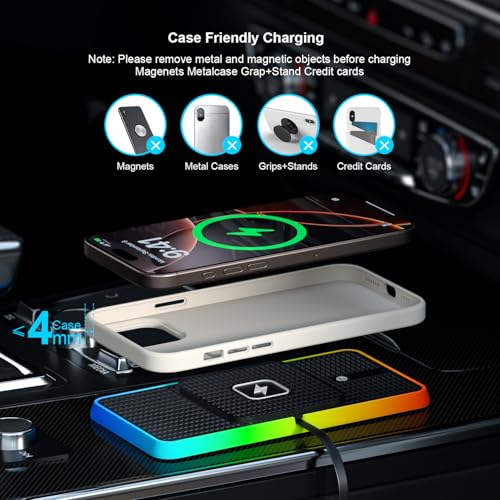 Wireless Charger Car Charging Pad,POLMXS 15W Wireless Phone Charger,RGB Cell Phone Cordless Charging Mat Compatible with iPhone 16/15/14/13/12 Galaxy S23 S22 S21 Note10(k1)