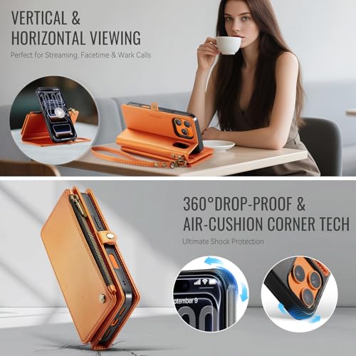 Defencase for iPhone 17 Pro Max Case Wallet Compatible with Magsafe, Orange | Drop-Proof Magnetic Detachable Phone Cases Cover, with RFID Bolcking Card Holder, Zipper Strap, PU Leather, Removable Wallet - color: (Detachable with Magsafe)-Orange