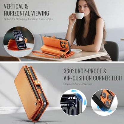 Defencase for iPhone 17 Pro Max Case Wallet Compatible with Magsafe, Orange | Drop-Proof Magnetic Detachable Phone Cases Cover, with RFID Bolcking Card Holder, Zipper Strap, PU Leather, Removable Wallet - color: (Detachable with Magsafe)-Orange