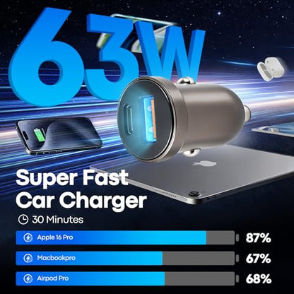 63W USB C Car Charger, Dual Port, 45W PD Fast Charging + 18W USB A, Zinc Alloy, with USB-C to C Cable, Compatible with iPhone 17/16/15/14, Galaxy S26/S25