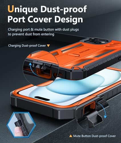 FNTCASE for iPhone 15 Plus Case, Built-in Screen Protector, Kickstand | Military-Grade Drop Protection, Anti-Slip Matte Textured, Rugged Heavy Duty Shockproof TPU Protective Cover - color: Orange
