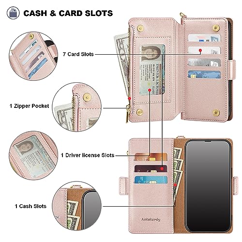 Antsturdy for iPhone 15 Pro Max Phone Wallet Case Women,Rose Gold | RFID Blocking,with Credit Card Holder Slots,PU Leather Purse,Zipper Pocket,Wrist Strap Kickstand,Flip Folio Cover for Men - color: Rose Gold