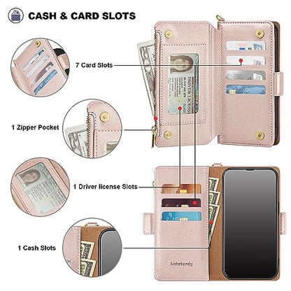 Antsturdy for iPhone 15 Pro Max Phone Wallet Case Women,Rose Gold | RFID Blocking,with Credit Card Holder Slots,PU Leather Purse,Zipper Pocket,Wrist Strap Kickstand,Flip Folio Cover for Men - color: Rose Gold