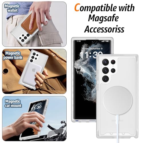 for Samsung Galaxy S22 Ultra Case Magnetic, Compatible with Magsafe 6.8-Inch Slim Fit 360 Heavy Duty Protector Wireless Charging Shockproof Anti-Slip TPU and PC Protective Phone Cover, White - color: White