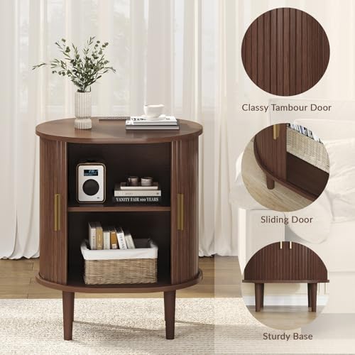 DHH Mid Century Modern Nightstand with Charging Station, Fluted Accent Side Table with Sliding Door & Adjustable Shelf, End Table for Small Space, Living Room, Bedroom,Sofa Couch (1, Walnut) - color: Walnut