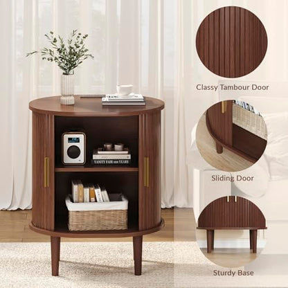 DHH Mid Century Modern Nightstand with Charging Station, Fluted Accent Side Table with Sliding Door & Adjustable Shelf, End Table for Small Space, Living Room, Bedroom,Sofa Couch (1, Walnut) - color: Walnut