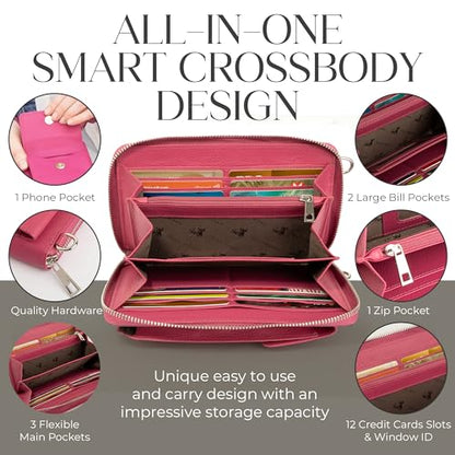 BULL GUARD Crossbody Bag for Women, Leather Phone Wallet Purse with Adjustable Anti Theft Strap & RFID Blocking 12 Card Slots - color: Pink Fairy Bliss Refresher - Small