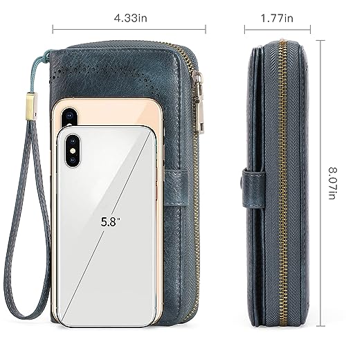 GAEKEAO Leather Credit Card Holder Wallet for Women RFID Blocking Large Capacity Bifold Zipper Card Case Organizer with Wristlet 45 Slots - color: Blue