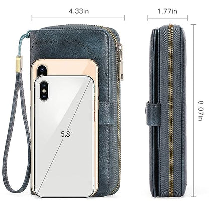 GAEKEAO Leather Credit Card Holder Wallet for Women RFID Blocking Large Capacity Bifold Zipper Card Case Organizer with Wristlet 45 Slots - color: Blue