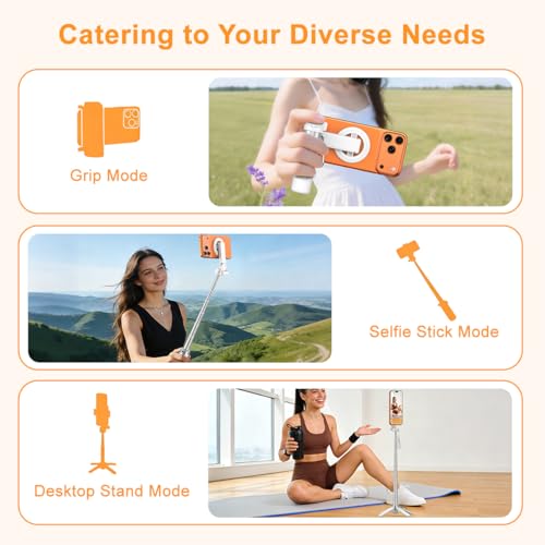 Upgrated 5-in-1 Magnetic Selfie Stick with Remote for Cell Phone 360° Rotation.Can Transforms into Mini Tripod/Camera Grip/Handheld Stabilizer/Phone Stand.Extend to 25 inches - color: White