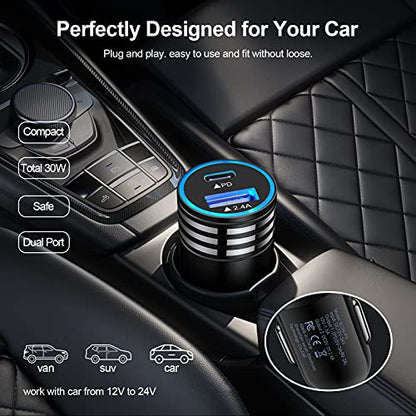 30W USB Type C+USB Car Charger Adapter Plug Fast Charging Compatible for Moto Edge 5G UW/One 5G UW ace/G Power/G Stylus/G Play, Samsung Galaxy A16/A15/A14/A13/A12/A11/A23/A24/A33/A34/A54/A53/S24/S23