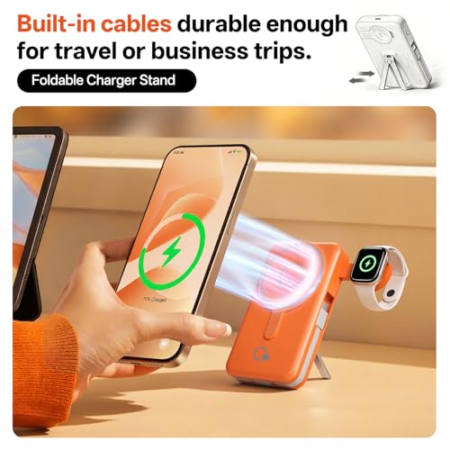 Q Magnetic Wireless Portable Charger 10,000mAh, Travel Essentials Power Bank with Built-in Cables & Foldable Stand, External Battery Pack Compatible with iPhone 17/16/15/14/13/12, Apple Watch - color: Orange