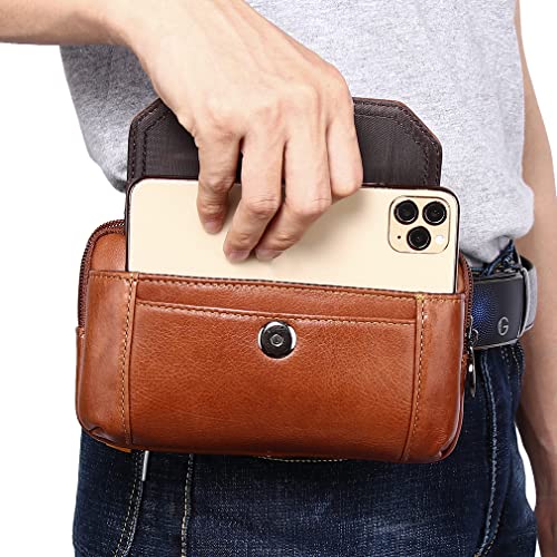 Leather Phone Belt Bag Holster Pouch for Men Loop Flip Coin Purse Case Cell Phone Waist Pack Pouch Case - color: #03brown