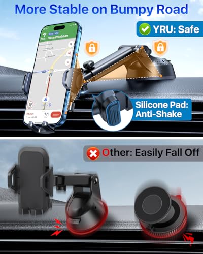 YRU【True Military-Grade Safety & Patent Certs 360°Rotation Car Phone Holder【100+LBS Strong Suction & Clip】 Windshield Dash Vent Cell Phone Mount Cradle for iPhone17 16 Pro Max Truck Samsung, Grey - color: Grey