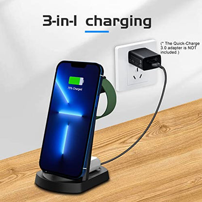 Aoresac 15W Fast Charging Dock 3 in 1 Wireless Charging Station, Smartphone Watch Earbuds Stand Holder with Anti Slip Design, Indicator Light for Home Office Hotel Bar
