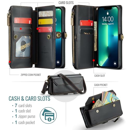 Strapurs Wallet Case Compatible with iPhone 13 Pro RFID Blocking 7-Card Holder Soft PU Leather Magnetic Snap Shoulder Strap Zipper Pocket Phone Case Fit for iPhone 13 Pro 6.1" - Black | RFID Blocking 7-Card Holder, Shoulder Lanyard, Wirst Strap, Zipper Po