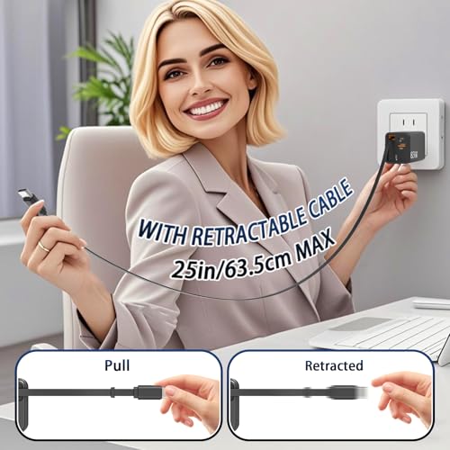 Retractable Charger, 83W Retractable USB C Charger with Type-C Cable and QC18W PD30W Port, PD PPS Fast Charging Block with Foldable Plug for iPhone 17 16 15 14 13 12 11, Galaxy, LG, Pixel, Tablet