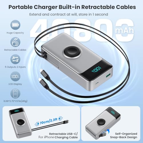 5-in-1 Portable Charger for iPhone,40800mAh Power Bank Built-in Retractable Cable and iWatch Charger,25W PD QC4.0 Fast Charging Battery Pack,Travel Essential Phone Charger for iPhone 17/16/15,Android - color: Black Sliver