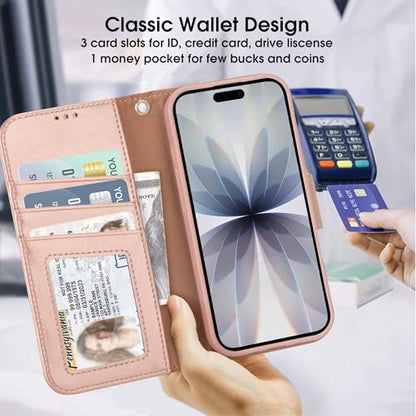 Arae Compatible with iPhone 17 Case Wallet with Card Holder, Wristlet Strap Wallet Flip Cover for iPhone 17 6.1 inch Men/Women, RFID Blocking, Kickstand, Rose Gold - color: Rose Gold, size: iPhone 17 6.1 inch