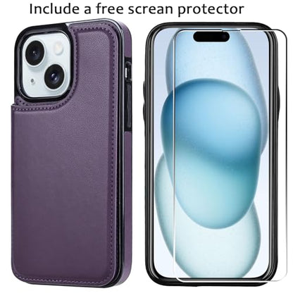 Wallet Case Compatible with iPhone 15 6.1”,Slim Protective case with Card Holder, PU Leather Kickstand Card Slots Case with a Screen Protector-Purple - color: Purple