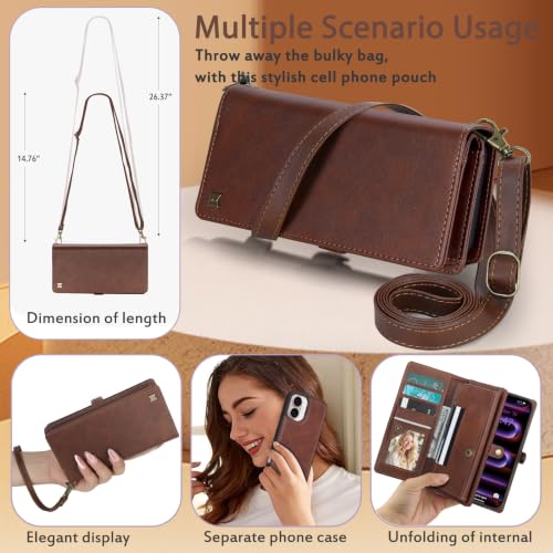 for Wallet Case Compatible with iPhone 16,Multi-Function Detachable 2 in 1 Magnetic iPhone 16 Wallet,Flip Strap Zipper Card Holder Phone Case with Shoulder Straps(Brown) - color: Brown, size: iPhone 16