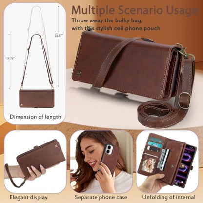 for Wallet Case Compatible with iPhone 16,Multi-Function Detachable 2 in 1 Magnetic iPhone 16 Wallet,Flip Strap Zipper Card Holder Phone Case with Shoulder Straps(Brown) - color: Brown, size: iPhone 16